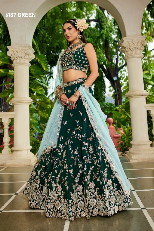 PF SERIES D.NO 6187 WHOLESALE ORGANZA FULL FLARED FESTIVE WEAR LEHENGA CHOLI FOR EXPORT