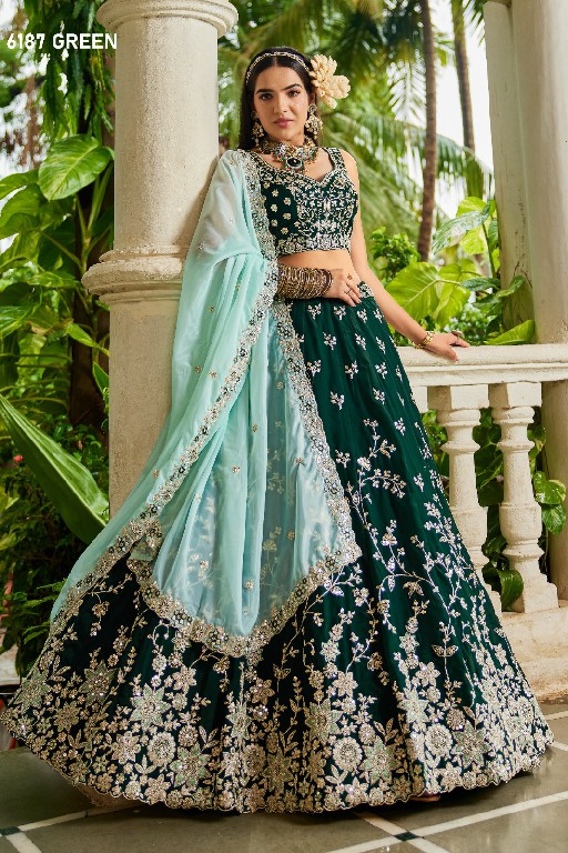 PF SERIES D.NO 6187 WHOLESALE ORGANZA FULL FLARED FESTIVE WEAR LEHENGA CHOLI FOR EXPORT