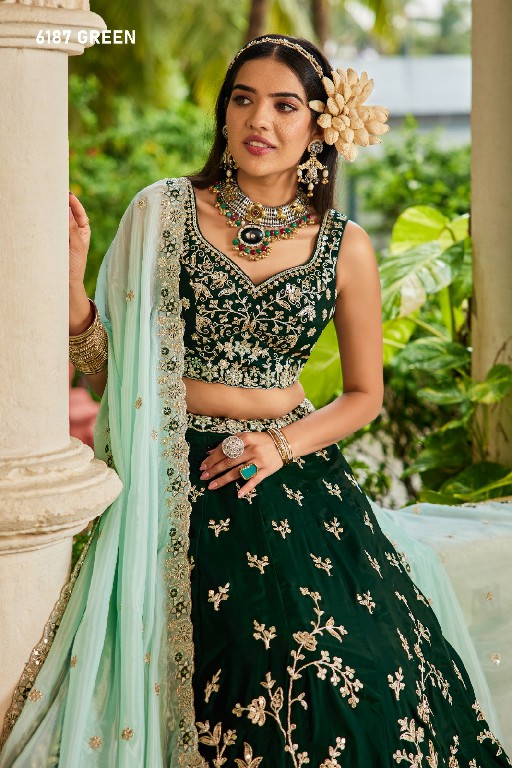PF SERIES D.NO 6187 WHOLESALE ORGANZA FULL FLARED FESTIVE WEAR LEHENGA CHOLI FOR EXPORT