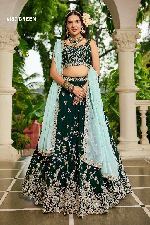 PF SERIES D.NO 6187 WHOLESALE ORGANZA FULL FLARED FESTIVE WEAR LEHENGA CHOLI FOR EXPORT