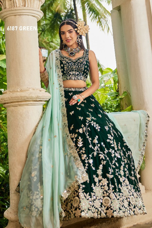PF SERIES D.NO 6187 WHOLESALE ORGANZA FULL FLARED FESTIVE WEAR LEHENGA CHOLI FOR EXPORT