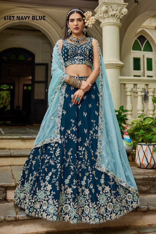 PF SERIES D.NO 6187 WHOLESALE ORGANZA FULL FLARED FESTIVE WEAR LEHENGA CHOLI FOR EXPORT
