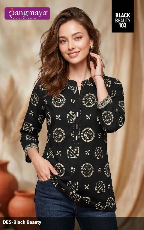 RANGMAYA BLACK BEAUTY WHOLESALE READYMADE PREMIUM RAYON TRENDING SHORT TOPS FOR EXPORT