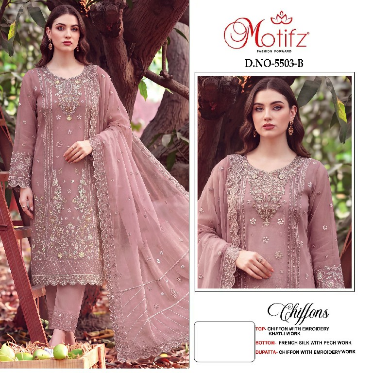 MOTIFZ D.NO 5503 WHOLESALE CHIFFON PAKISTANI PRETTY LOOK UNSTITCH SALWAR SUITS SUPPLIER