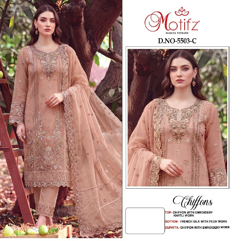 MOTIFZ D.NO 5503 WHOLESALE CHIFFON PAKISTANI PRETTY LOOK UNSTITCH SALWAR SUITS SUPPLIER
