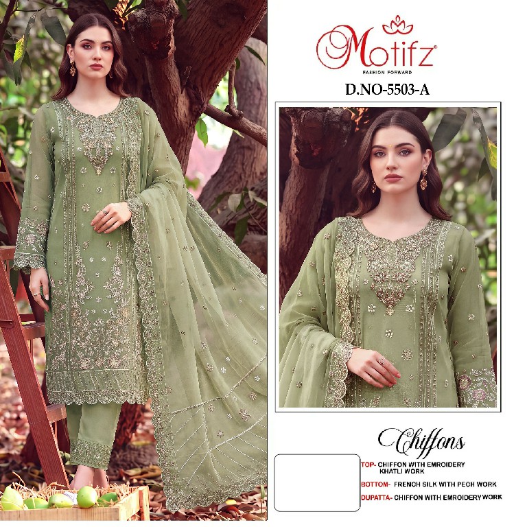MOTIFZ D.NO 5503 WHOLESALE CHIFFON PAKISTANI PRETTY LOOK UNSTITCH SALWAR SUITS SUPPLIER