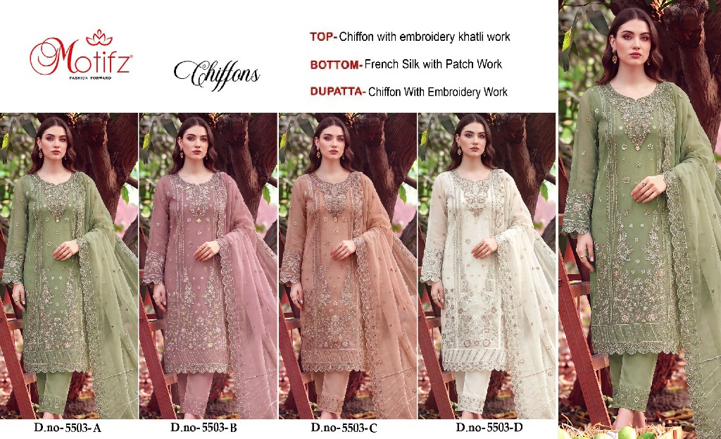 MOTIFZ D.NO 5503 WHOLESALE CHIFFON PAKISTANI PRETTY LOOK UNSTITCH SALWAR SUITS SUPPLIER