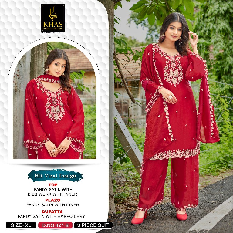 KHAS D.NO 427 WHOLESALE READYMADE FANDY SATIN FESTIVE SPECIAL 3 PCS COMBO SET SUITS SUPPLIER