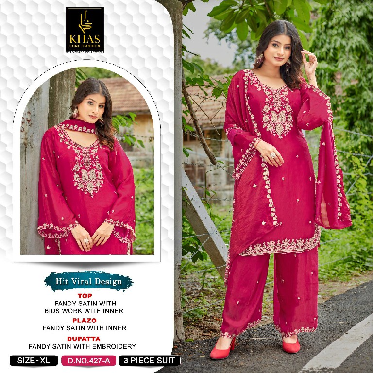 KHAS D.NO 427 WHOLESALE READYMADE FANDY SATIN FESTIVE SPECIAL 3 PCS COMBO SET SUITS SUPPLIER