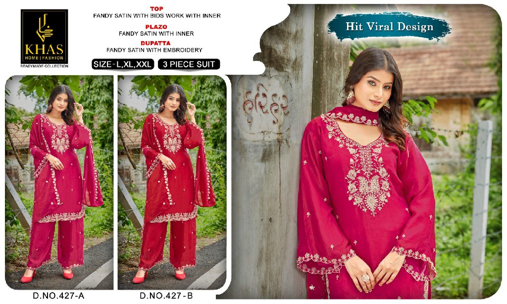 KHAS D.NO 427 WHOLESALE READYMADE FANDY SATIN FESTIVE SPECIAL 3 PCS COMBO SET SUITS SUPPLIER