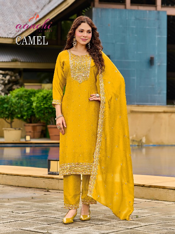 AANCHI CAMEL WHOLESALE READYMADE VICHITRA SILK LATEST FASHION 3 PCS SUITS FOR EXPORT