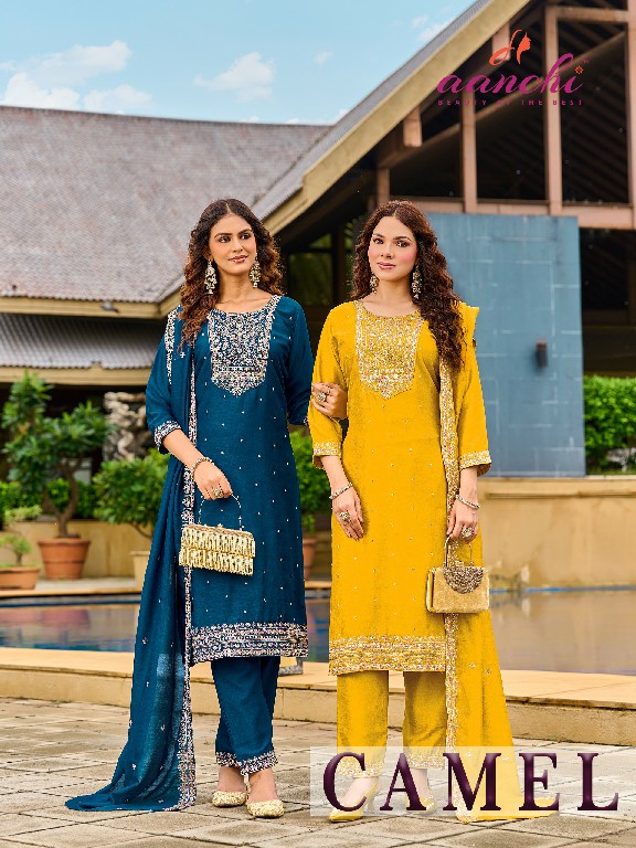 AANCHI CAMEL WHOLESALE READYMADE VICHITRA SILK LATEST FASHION 3 PCS SUITS FOR EXPORT