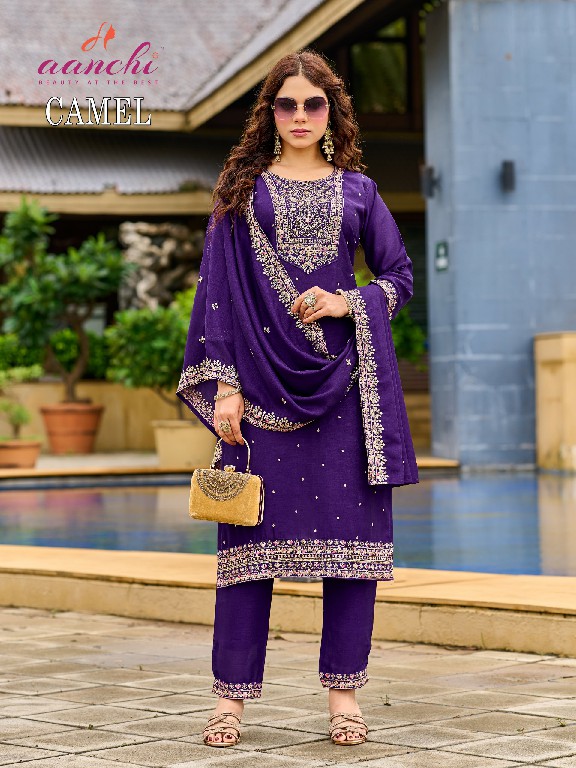 AANCHI CAMEL WHOLESALE READYMADE VICHITRA SILK LATEST FASHION 3 PCS SUITS FOR EXPORT