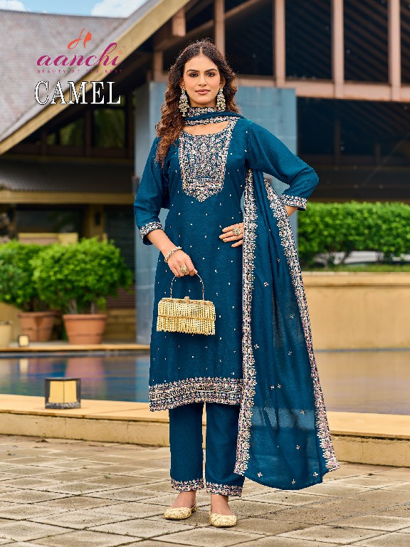 AANCHI CAMEL WHOLESALE READYMADE VICHITRA SILK LATEST FASHION 3 PCS SUITS FOR EXPORT