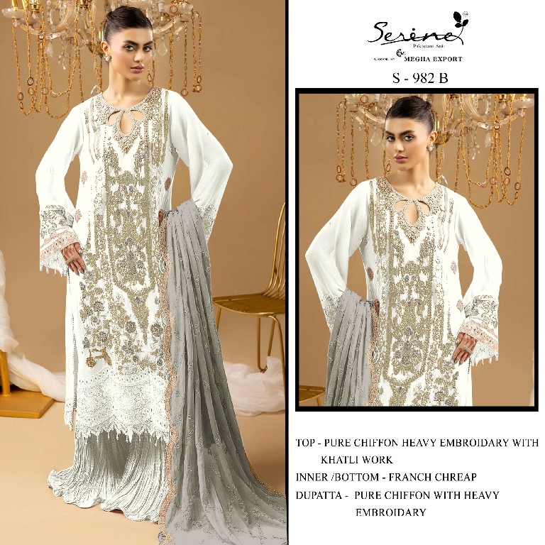 SERINE D.NO 982 WHOLESALE CHIFFON PAKISTANI HIT DESIGN UNSTITCH SALWAR SUITS EXPORTER