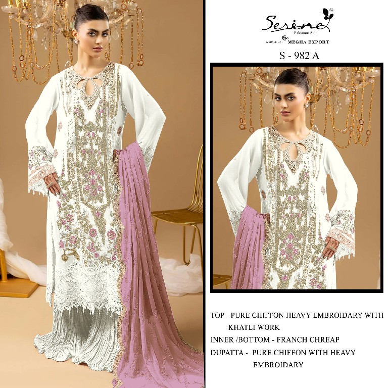 SERINE D.NO 982 WHOLESALE CHIFFON PAKISTANI HIT DESIGN UNSTITCH SALWAR SUITS EXPORTER