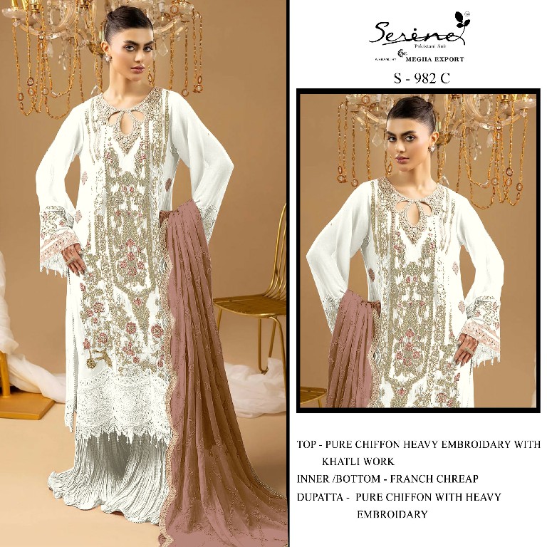 SERINE D.NO 982 WHOLESALE CHIFFON PAKISTANI HIT DESIGN UNSTITCH SALWAR SUITS EXPORTER