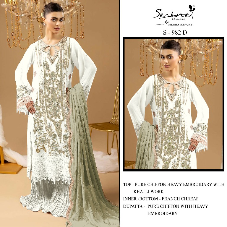 SERINE D.NO 982 WHOLESALE CHIFFON PAKISTANI HIT DESIGN UNSTITCH SALWAR SUITS EXPORTER