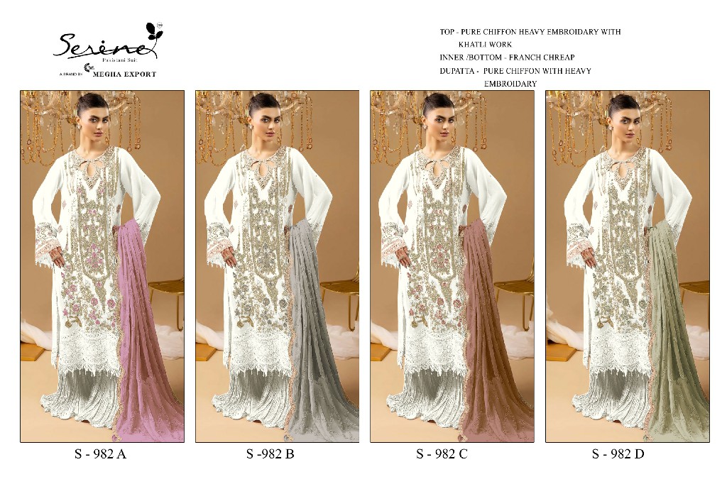 SERINE D.NO 982 WHOLESALE CHIFFON PAKISTANI HIT DESIGN UNSTITCH SALWAR SUITS EXPORTER