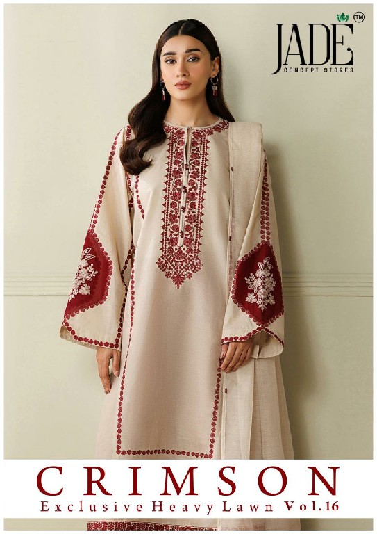 JADE CRIMSON VOL 16 WHOLESALE READYMADE PURE LAWN COTTON BIG SIZE KARACHI STYLE 3 PCS SUITS SUPPLIER