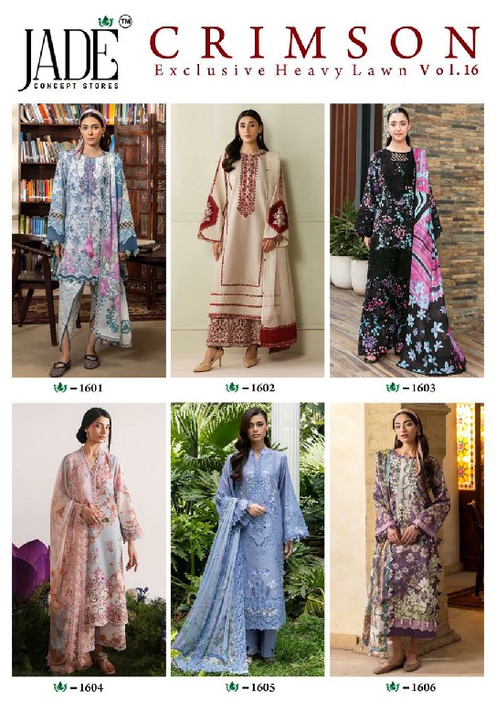 JADE CRIMSON VOL 16 WHOLESALE READYMADE PURE LAWN COTTON BIG SIZE KARACHI STYLE 3 PCS SUITS SUPPLIER