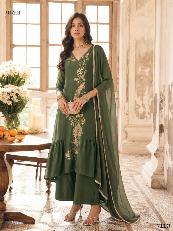 ALIZEH D.NO 7110 TO 7113 WHOLESALE READYMADE MAL CHANDERI A LINE PLEATED ANARKALI STYLE 3 PCS SUITS EXPORTER