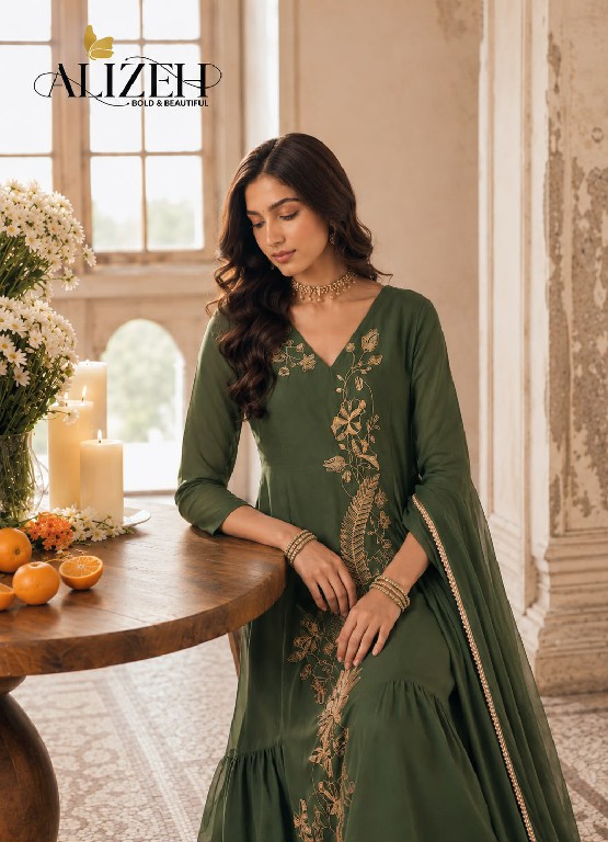 ALIZEH D.NO 7110 TO 7113 WHOLESALE READYMADE MAL CHANDERI A LINE PLEATED ANARKALI STYLE 3 PCS SUITS EXPORTER