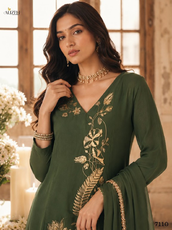 ALIZEH D.NO 7110 TO 7113 WHOLESALE READYMADE MAL CHANDERI A LINE PLEATED ANARKALI STYLE 3 PCS SUITS EXPORTER