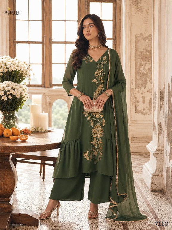 ALIZEH D.NO 7110 TO 7113 WHOLESALE READYMADE MAL CHANDERI A LINE PLEATED ANARKALI STYLE 3 PCS SUITS EXPORTER