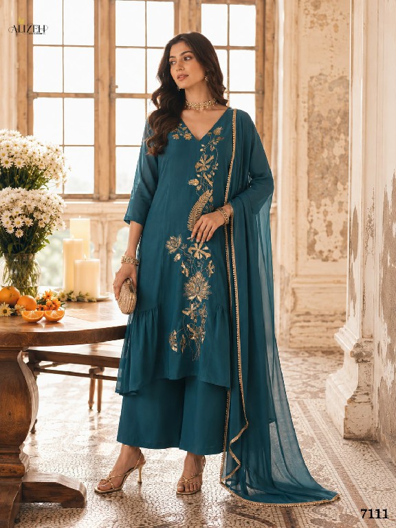ALIZEH D.NO 7110 TO 7113 WHOLESALE READYMADE MAL CHANDERI A LINE PLEATED ANARKALI STYLE 3 PCS SUITS EXPORTER
