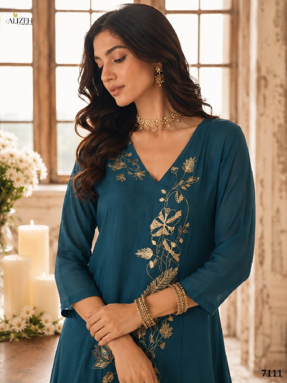 ALIZEH D.NO 7110 TO 7113 WHOLESALE READYMADE MAL CHANDERI A LINE PLEATED ANARKALI STYLE 3 PCS SUITS EXPORTER