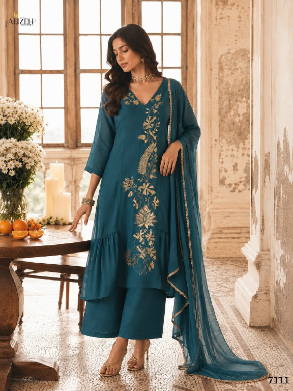 ALIZEH D.NO 7110 TO 7113 WHOLESALE READYMADE MAL CHANDERI A LINE PLEATED ANARKALI STYLE 3 PCS SUITS EXPORTER