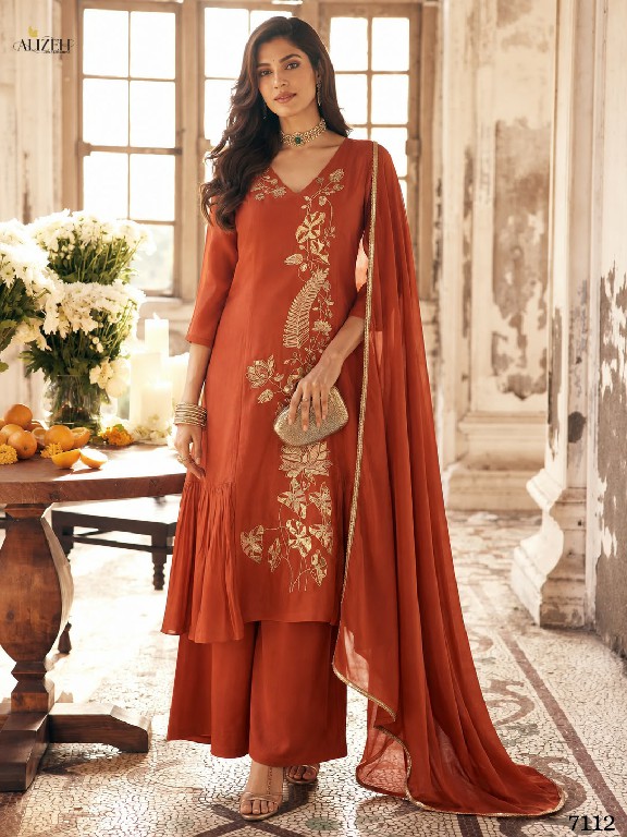 ALIZEH D.NO 7110 TO 7113 WHOLESALE READYMADE MAL CHANDERI A LINE PLEATED ANARKALI STYLE 3 PCS SUITS EXPORTER