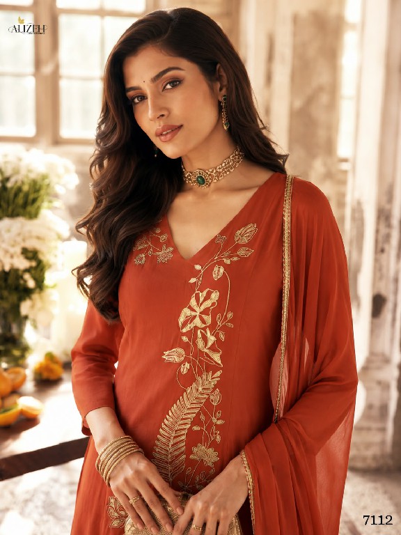 ALIZEH D.NO 7110 TO 7113 WHOLESALE READYMADE MAL CHANDERI A LINE PLEATED ANARKALI STYLE 3 PCS SUITS EXPORTER
