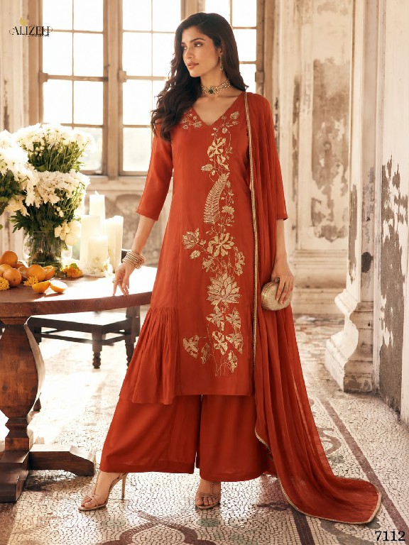 ALIZEH D.NO 7110 TO 7113 WHOLESALE READYMADE MAL CHANDERI A LINE PLEATED ANARKALI STYLE 3 PCS SUITS EXPORTER