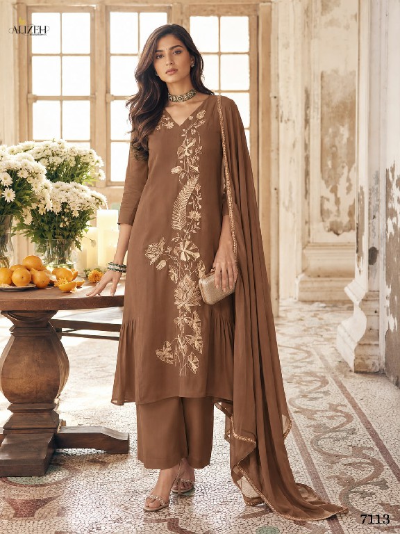 ALIZEH D.NO 7110 TO 7113 WHOLESALE READYMADE MAL CHANDERI A LINE PLEATED ANARKALI STYLE 3 PCS SUITS EXPORTER