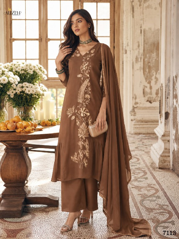 ALIZEH D.NO 7110 TO 7113 WHOLESALE READYMADE MAL CHANDERI A LINE PLEATED ANARKALI STYLE 3 PCS SUITS EXPORTER