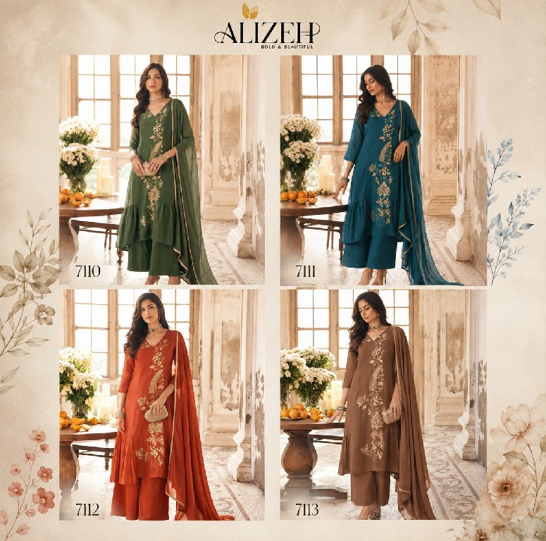 ALIZEH D.NO 7110 TO 7113 WHOLESALE READYMADE MAL CHANDERI A LINE PLEATED ANARKALI STYLE 3 PCS SUITS EXPORTER