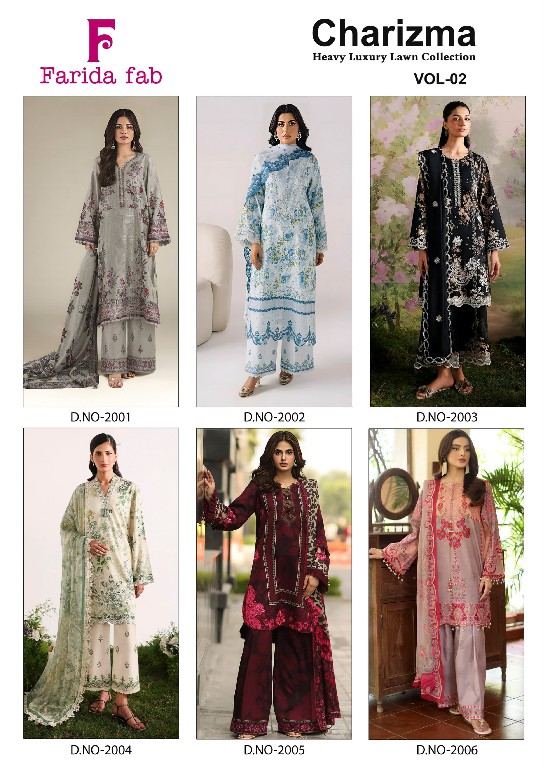 FARIDA FAB CHARIZMA VOL 2 WHOLESALE PURE LAWN COTTON PAKISTANI CASUAL WEAR DRESS MATERIAL ONLINE