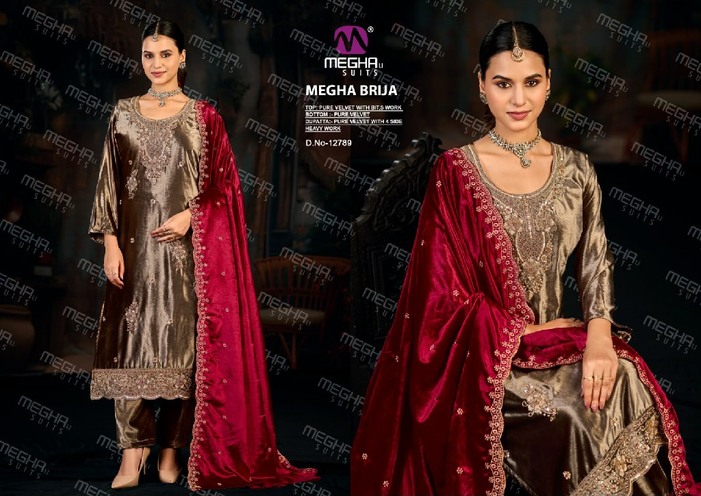 MEGHALI BRIJA WHOLESALE PURE VELVET WITH WORK WINTER WEAR ELEGANT UNSTITCH SALWAR SUITS FOR EXPORT