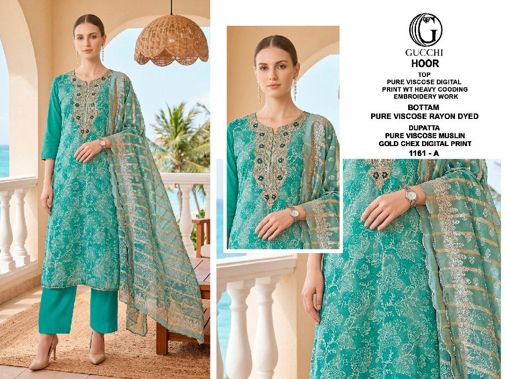 GUCCHI HOOR D.NO 1161 WHOLESALE VISCOSE HEAVY WORK FANCY UNSTITCH SALWAR SUITS EXPORTER