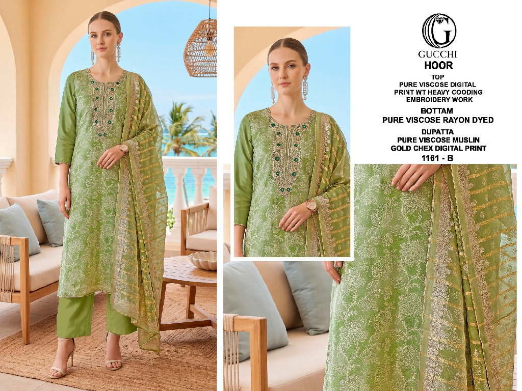 GUCCHI HOOR D.NO 1161 WHOLESALE VISCOSE HEAVY WORK FANCY UNSTITCH SALWAR SUITS EXPORTER