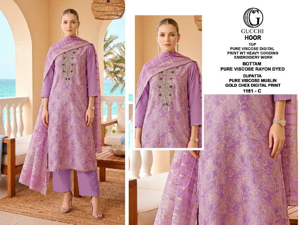 GUCCHI HOOR D.NO 1161 WHOLESALE VISCOSE HEAVY WORK FANCY UNSTITCH SALWAR SUITS EXPORTER
