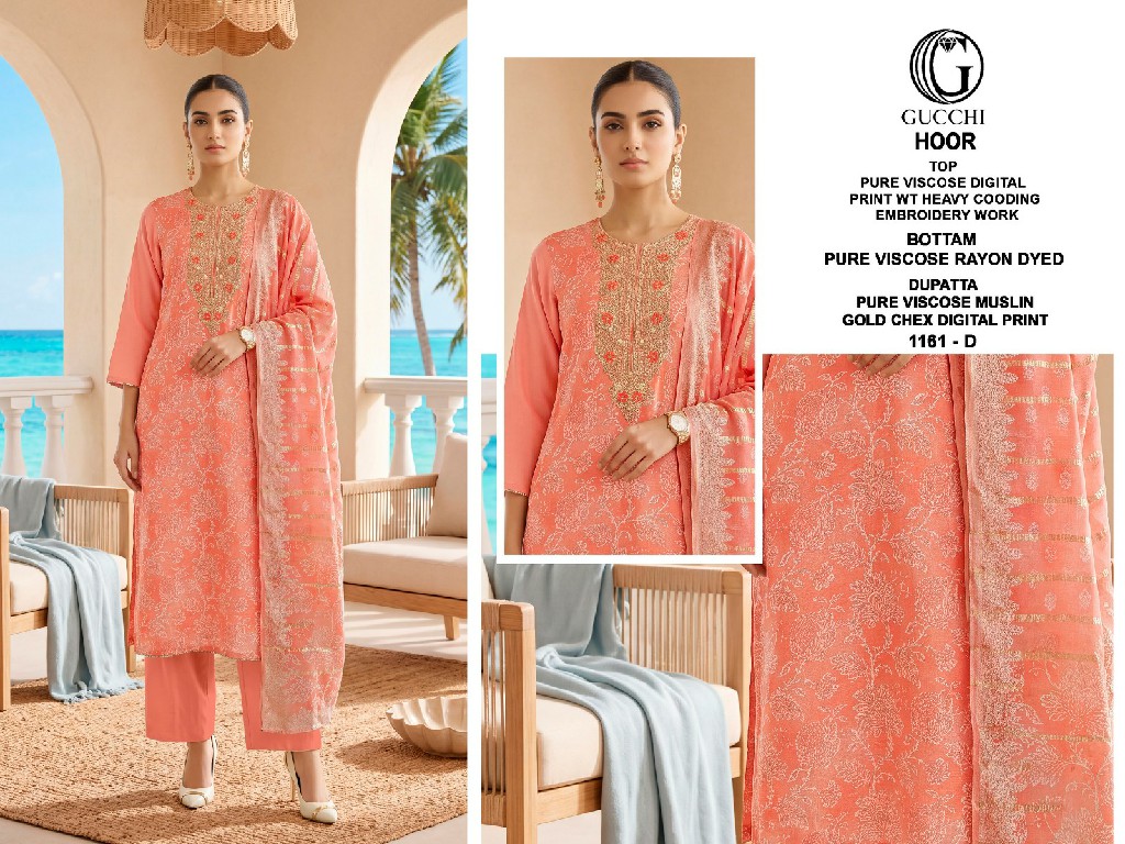 GUCCHI HOOR D.NO 1161 WHOLESALE VISCOSE HEAVY WORK FANCY UNSTITCH SALWAR SUITS EXPORTER