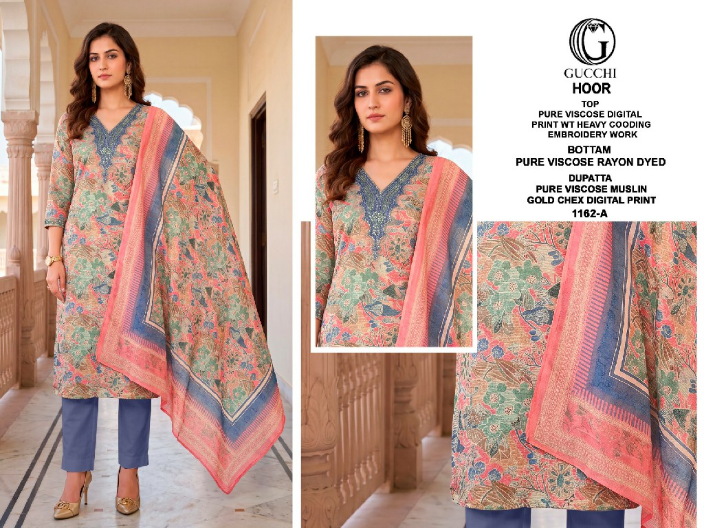 GUCCHI HOOR D.NO 1162 WHOLESALE VISCOSE HEAVY WORK BEAUTIFUL UNSTITCH SALWAR SUITS SUPPLIER