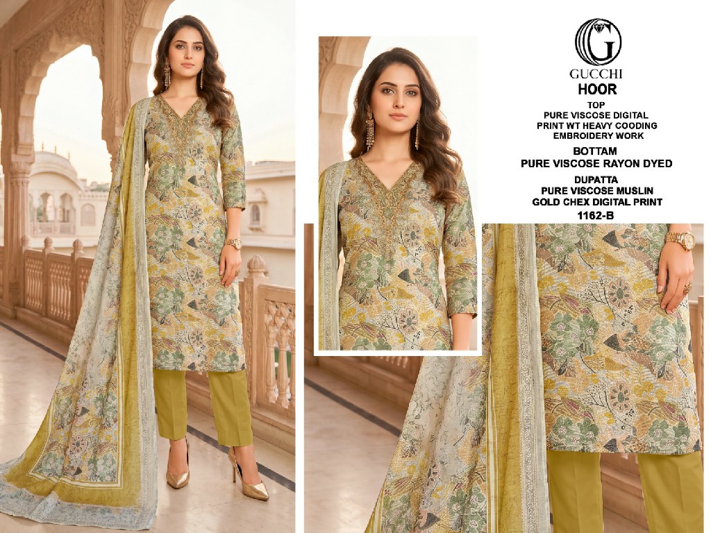 GUCCHI HOOR D.NO 1162 WHOLESALE VISCOSE HEAVY WORK BEAUTIFUL UNSTITCH SALWAR SUITS SUPPLIER