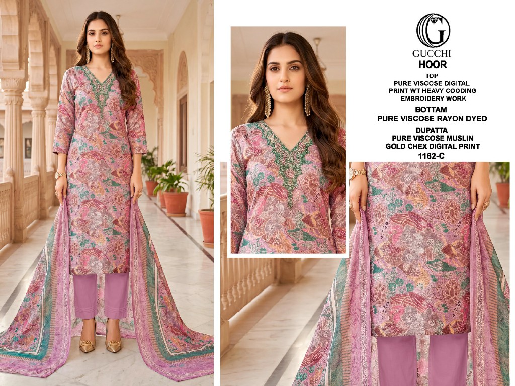 GUCCHI HOOR D.NO 1162 WHOLESALE VISCOSE HEAVY WORK BEAUTIFUL UNSTITCH SALWAR SUITS SUPPLIER