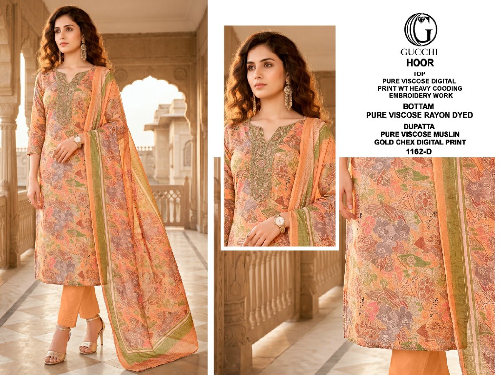 GUCCHI HOOR D.NO 1162 WHOLESALE VISCOSE HEAVY WORK BEAUTIFUL UNSTITCH SALWAR SUITS SUPPLIER