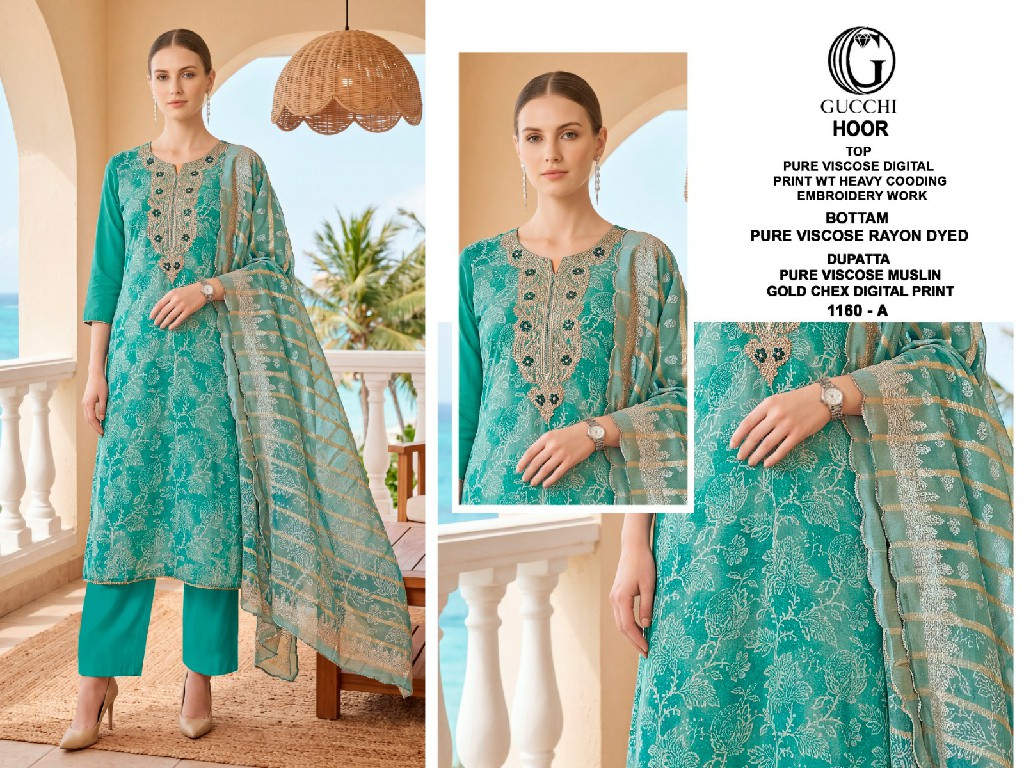 GUCCHI HOOR D.NO 1160 WHOLESALE VISCOSE HEAVY WORK CLASSIC UNSTITCH SALWAR SUITS FOR EXPORT
