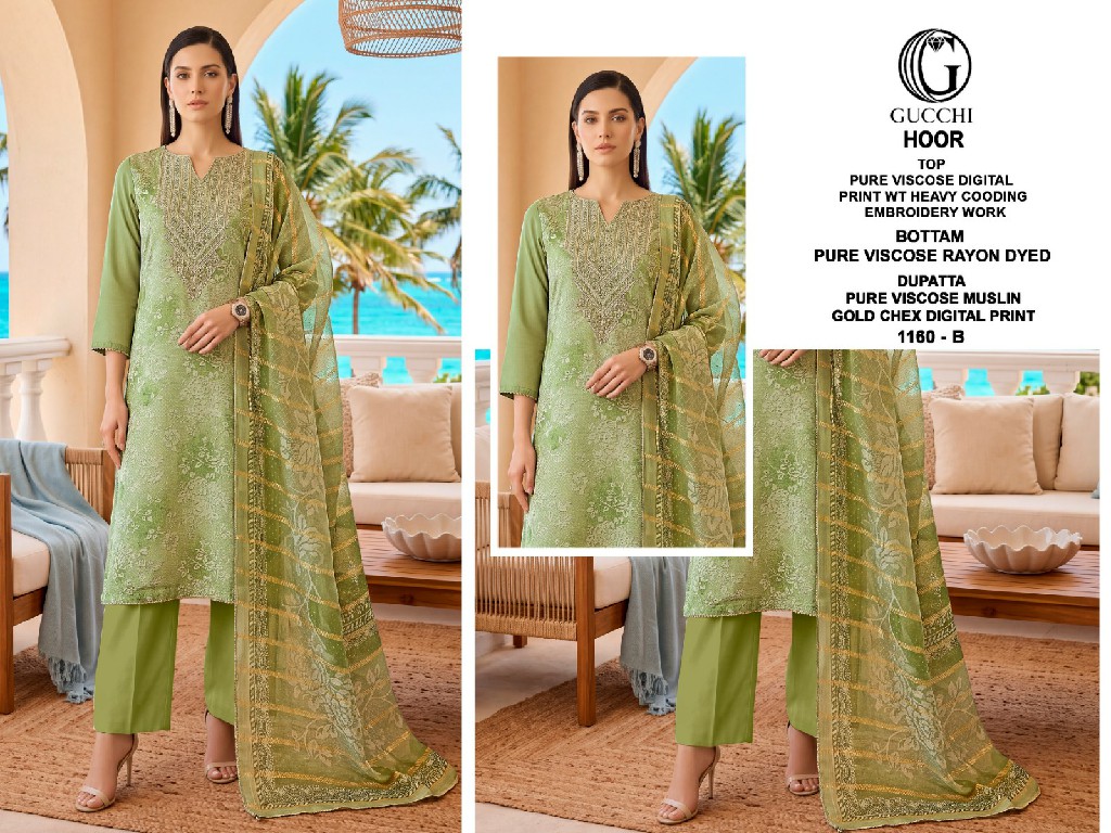 GUCCHI HOOR D.NO 1160 WHOLESALE VISCOSE HEAVY WORK CLASSIC UNSTITCH SALWAR SUITS FOR EXPORT